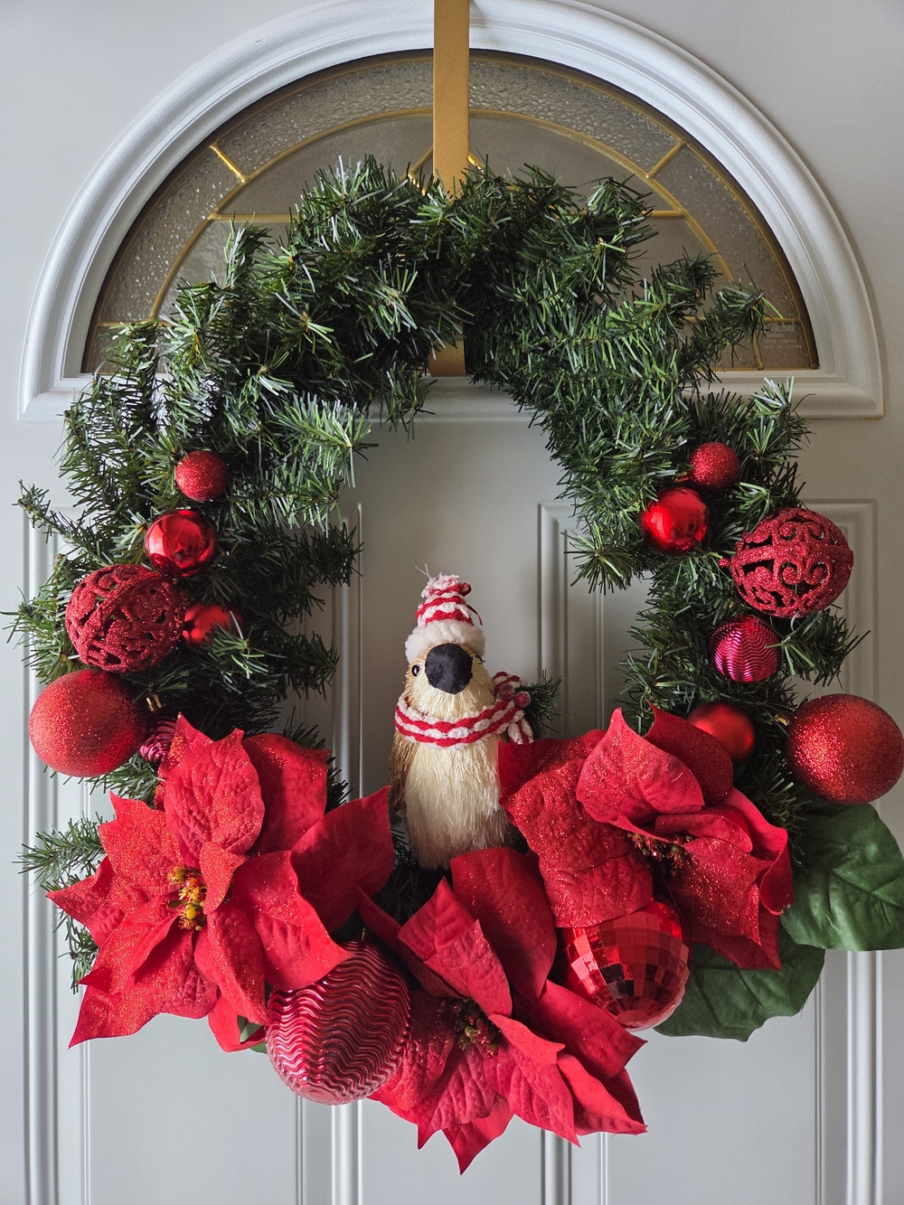 Holiday Poinsettia & Bird Wreath - Red